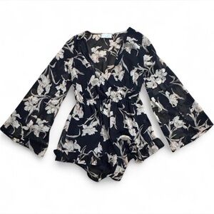 Black Floral Short Romper with bell sleeves #floral #playsuit #summer #spring